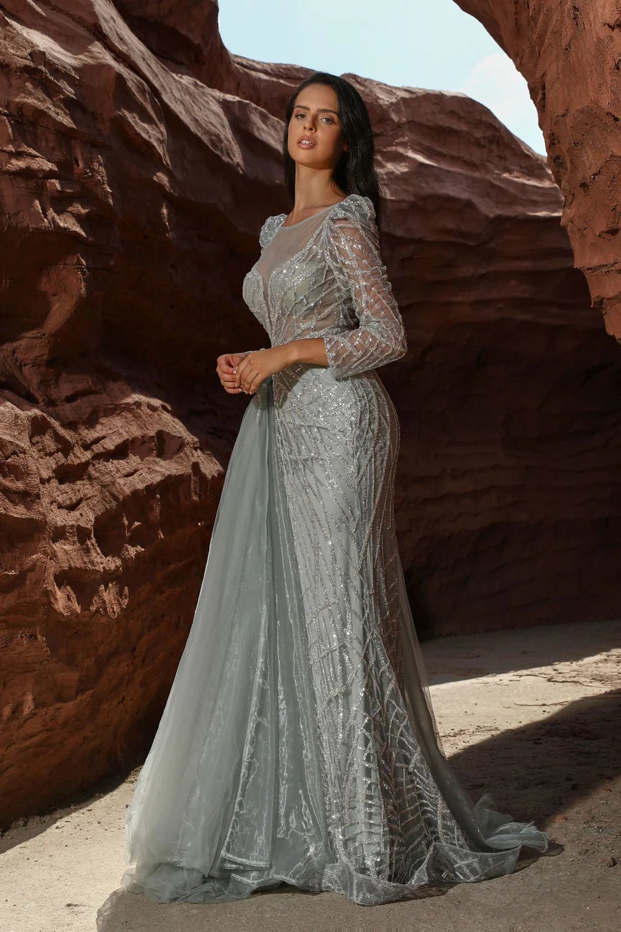 Gothic Grey Blue Sequin Evening Gown with Sheer Long Sleeves - Designer Sequin Gown and illusion Neckline Dress with Sleeves Plus Size US 20 / Green Gothic Grey Blue Sequin Evening Gown with Sheer Long Sleeves - Designer Sequin Gown and illusion Neckline Dress with Sleeves Plus Size US 20 / Green