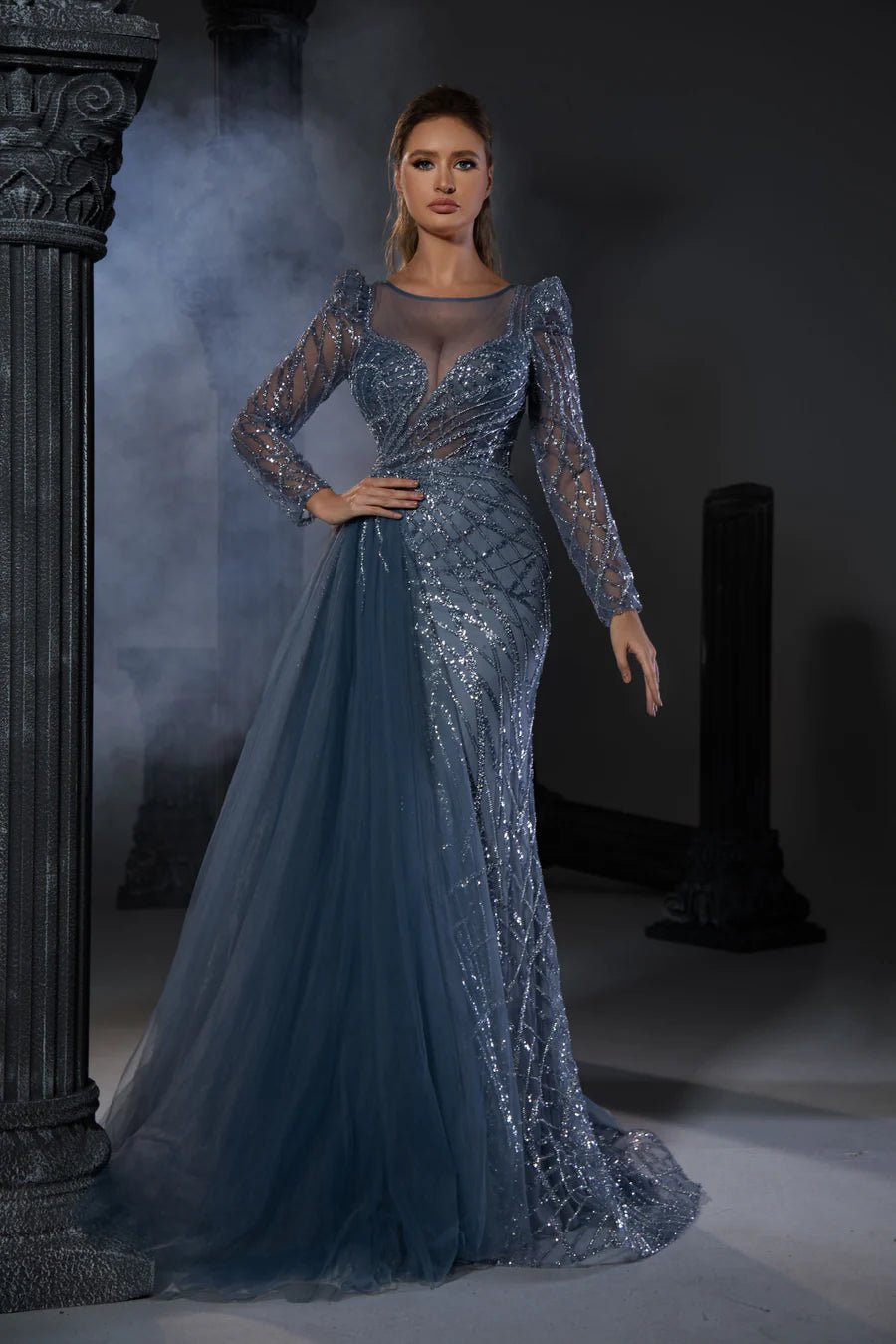 Gothic Grey Blue Sequin Evening Gown with Sheer Long Sleeves - Designer Sequin Gown and illusion Neckline Dress with Sleeves Plus Size - WonderlandByLilian