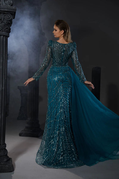 Gothic Grey Blue Sequin Evening Gown with Sheer Long Sleeves - Designer Sequin Gown and illusion Neckline Dress with Sleeves Plus Size - WonderlandByLilian