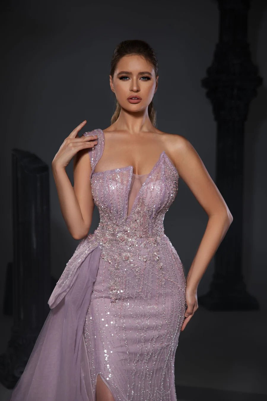 Gothic Grey Green One-Sleeve and Sequin Evening Gown with High Slit and Draped Detail - Designer Sequin Gown and Glitter Dress Plus Size US 12 / Green Gothic Grey Green One-Sleeve and Sequin Evening Gown with High Slit and Draped Detail - Designer Sequin Gown and Glitter Dress Plus Size US 12 / Green