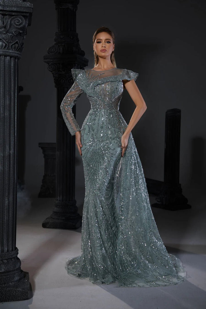 Gothic Grey Green One-Sleeve Blue Sequin Evening Gown with High Slit and Draped Detail - Designer Sequin Gown and Glitter Dress Plus Size - WonderlandByLilian