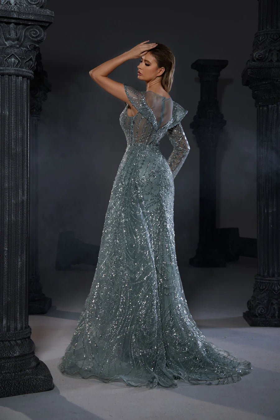 Gothic Grey Green One-Sleeve Blue Sequin Evening Gown with High Slit and Draped Detail - Designer Sequin Gown and Glitter Dress Plus Size - WonderlandByLilian