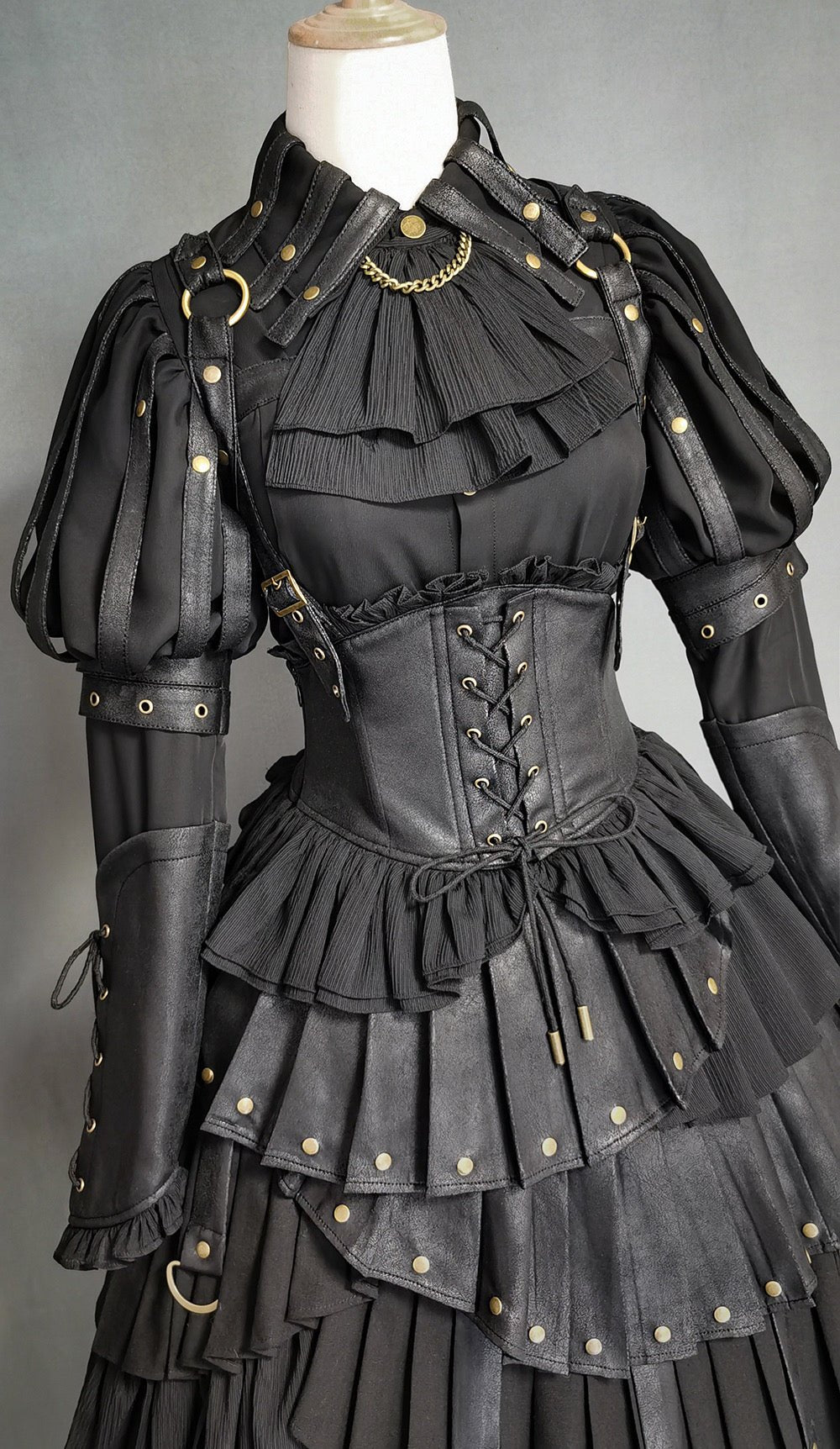 Gothic Lolita Black Ball Gown - Corset Ruffled Dress with Long Sleeves Plus Size - WonderlandByLilian