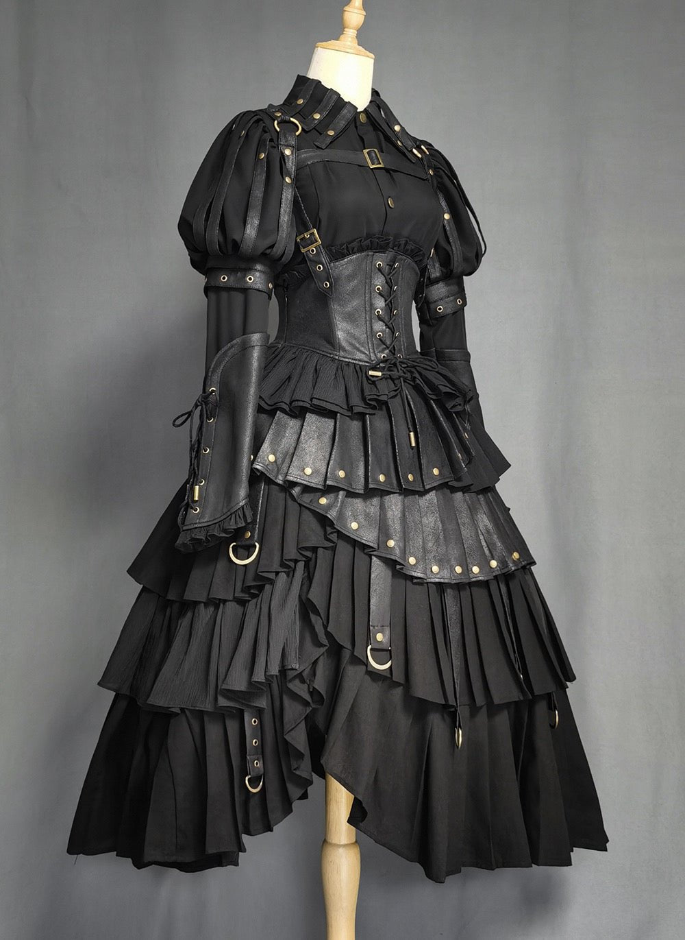 Gothic Lolita Black Ball Gown - Corset Ruffled Dress with Long Sleeves Plus Size Size 28W / Black Gothic Lolita Black Ball Gown - Corset Ruffled Dress with Long Sleeves Plus Size Size 28W / Black