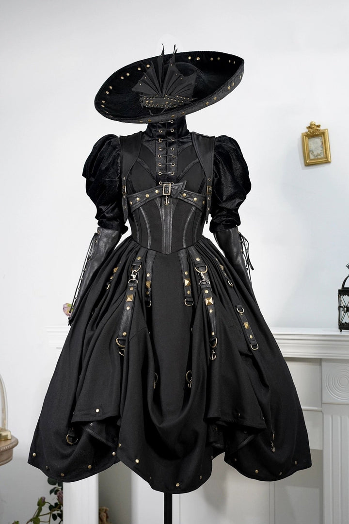 Gothic Lolita Black Ball Gown with puff sleeve - Gothic Corset Dress with Long Sleeve Blouse Plus Size - WonderlandByLilian