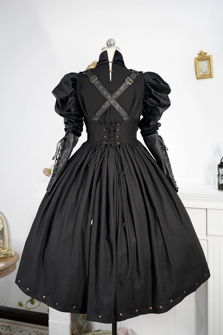 Gothic Lolita Black Ball Gown with puff sleeve - Gothic Corset Dress with Long Sleeve Blouse Plus Size - WonderlandByLilian