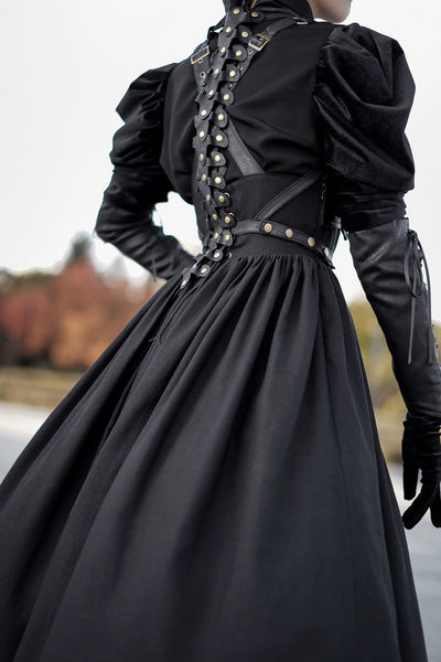 Gothic Lolita Black Ball Gown with puff sleeve - Gothic Corset Dress with Long Sleeve Blouse Plus Size - WonderlandByLilian