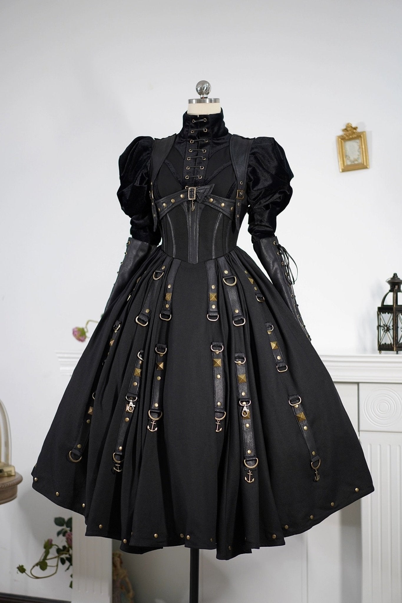 Gothic Lolita Black Ball Gown with puff sleeve - Gothic Corset Dress with Long Sleeve Blouse Plus Size - WonderlandByLilian