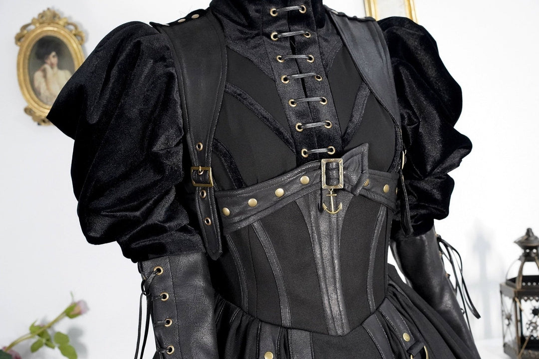 Gothic Lolita Black Ball Gown with Puff Sleeve - Gothic Corset Dress with Long Sleeve Blouse Plus Size Size 14 / Black Gothic Lolita Black Ball Gown with Puff Sleeve - Gothic Corset Dress with Long Sleeve Blouse Plus Size Size 14 / Black