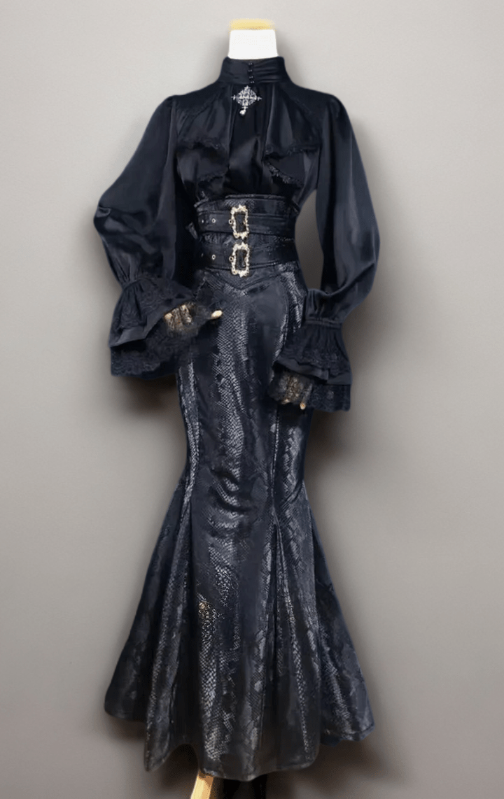 Gothic Lolita Black Dress - Gothic Mermaid Prom Dress with Lolita Blouse Plus Size - WonderlandByLilian