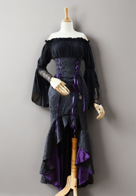 Gothic Lolita Off-Shoulder Black Dress - High Low Dress - Mermaid Gown with Bell Sleeves Plus Size Size 10 / Black Gothic Lolita Off-Shoulder Black Dress - High Low Dress - Mermaid Gown with Bell Sleeves Plus Size Size 10 / Black