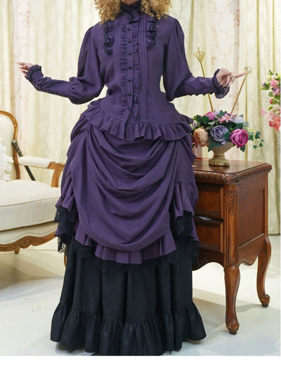 Gothic Lolita Purple Dress - Purple and Black Ball Gown - Victorian - Inspired Dress with Long Sleeves Plus Size - WonderlandByLilian