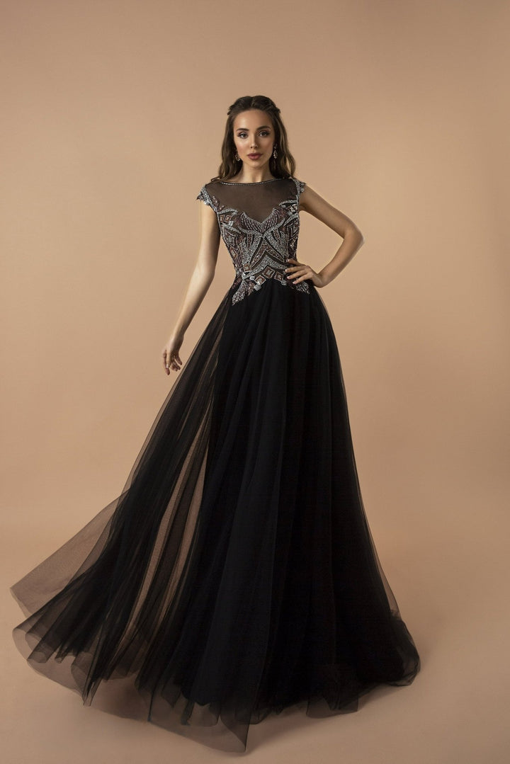 Gothic Majestic Black Embellished Tulle Evening Gown - Black Formal Dress Plus Size - WonderlandByLilian