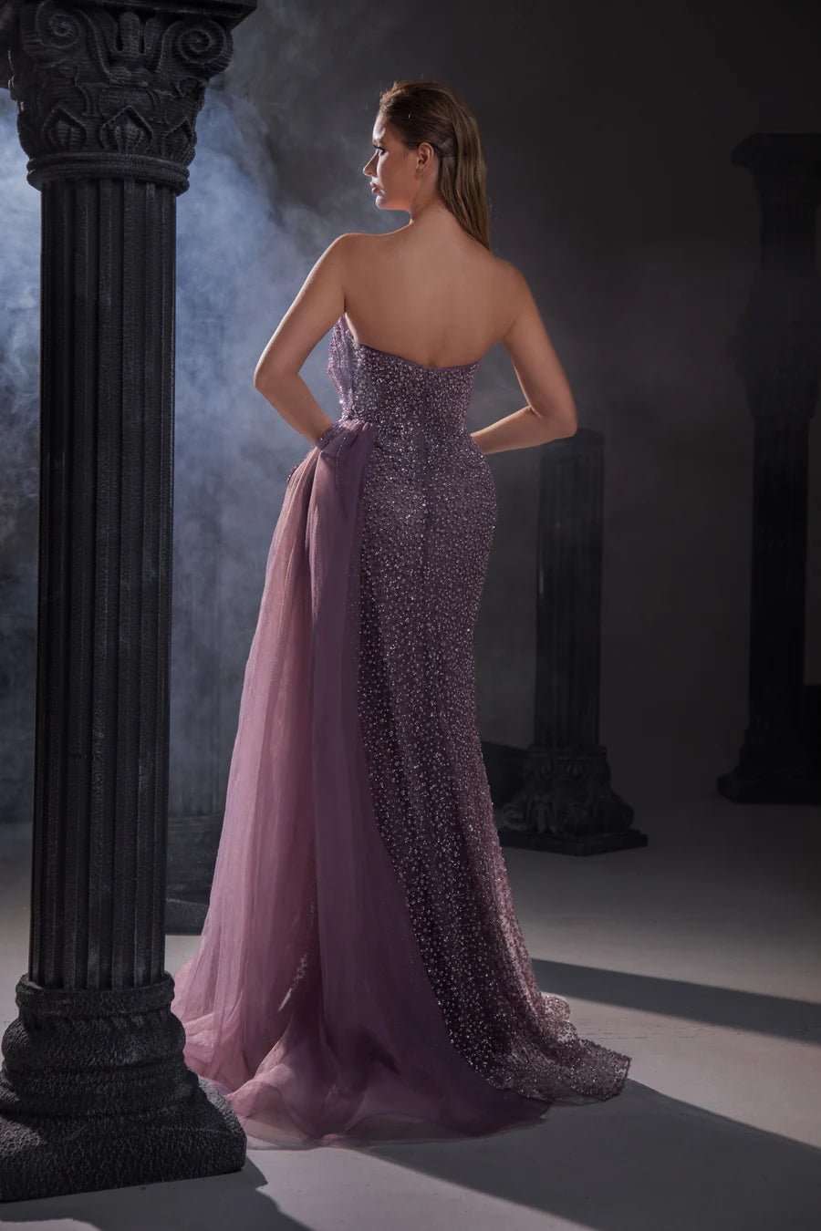 Gothic Mauve Sequin Evening Gown with Strapless Design and Tulle Train - Designer Sequin Gown and Strapless Glitter Dress Plus Size - WonderlandByLilian