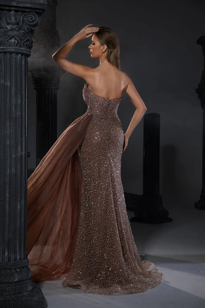 Gothic Mauve Sequin Evening Gown with Strapless Design and Tulle Train - Designer Sequin Gown and Strapless Glitter Dress Plus Size - WonderlandByLilian