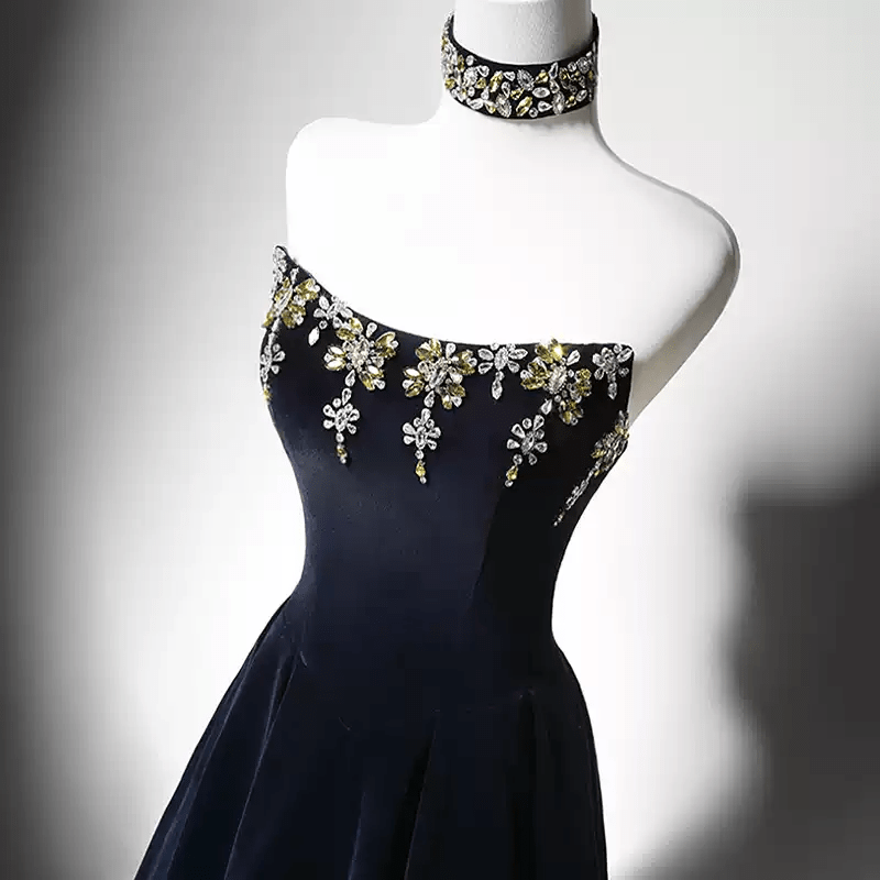 Gothic Navy Blue Evening Dress with Corset Back - Embellished Gown and Elegant A - Line Evening Gown Plus Size - WonderlandByLilian