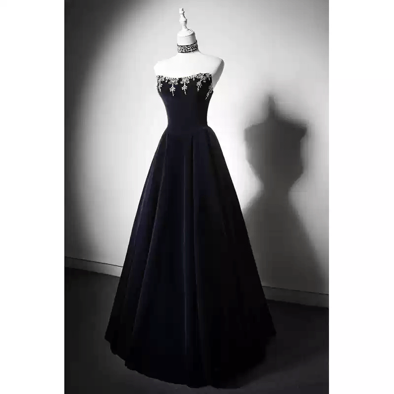 Gothic Navy Blue Evening Dress with Corset Back - Embellished Gown and Elegant A - Line Evening Gown Plus Size - WonderlandByLilian