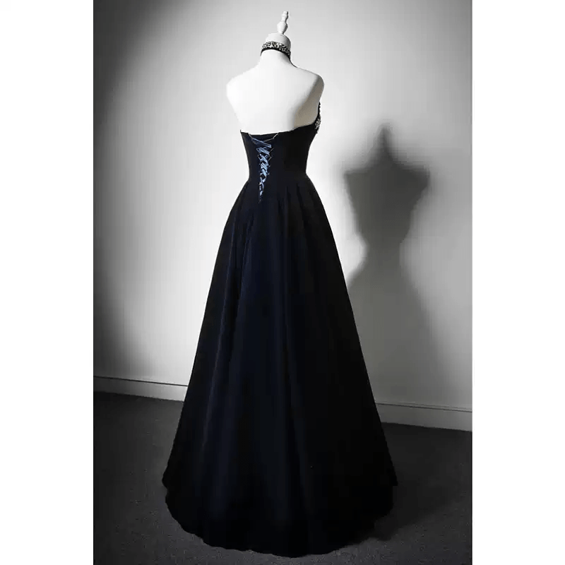 Gothic Navy Blue Evening Dress with Corset Back - Embellished Gown and Elegant A - Line Evening Gown Plus Size - WonderlandByLilian