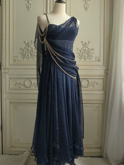 Gothic Navy Blue Fantasy Dress - Fairy Evening Dress with Draped Pearls Plus Size - WonderlandByLilian