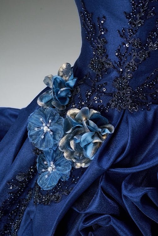 Gothic Navy Blue Floral Evening Dress with Floral Embellishment – Elegant Strapless Evening Dress with Corset Back Plus Size - WonderlandByLilian