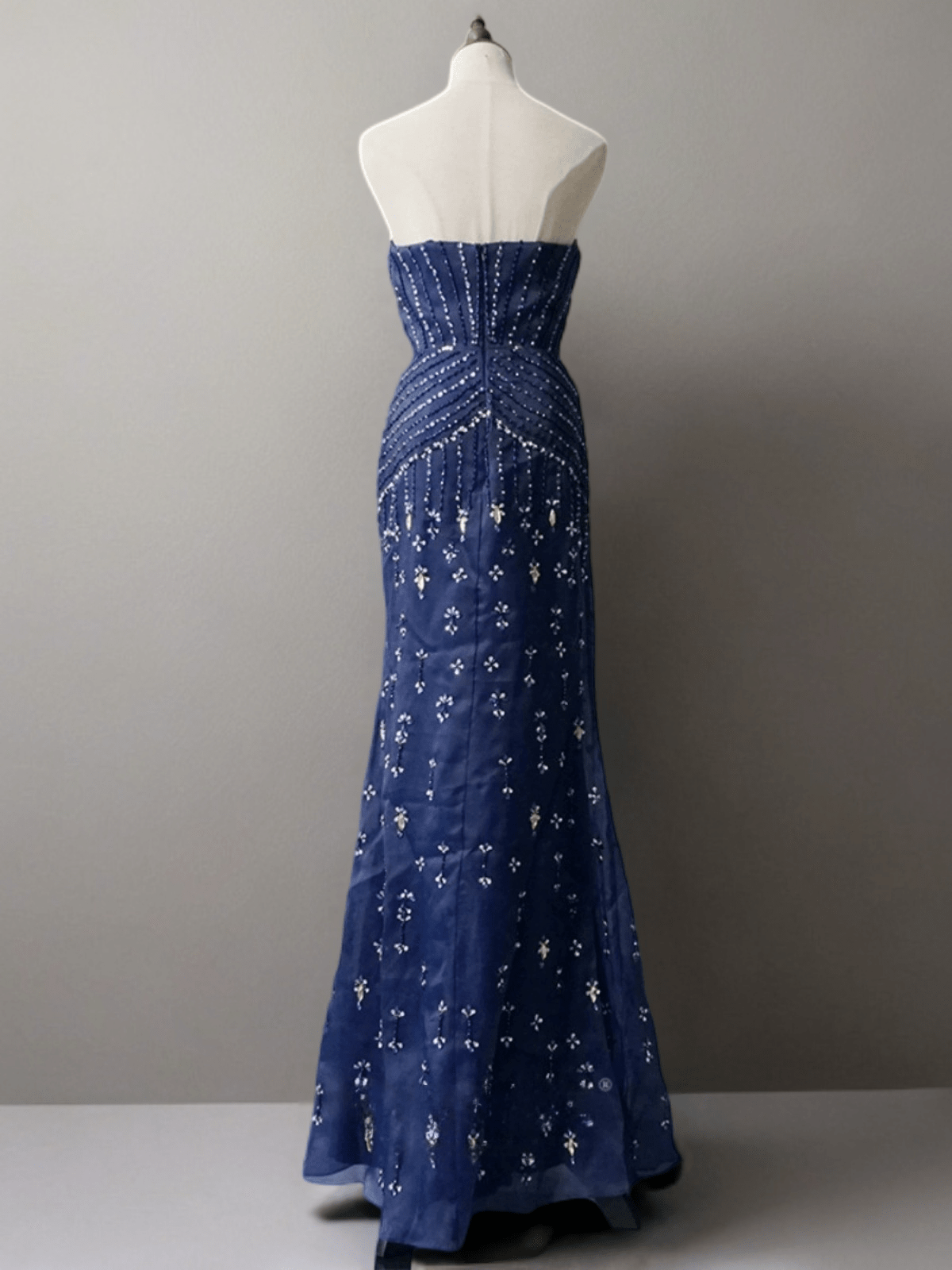 Gothic Navy Blue Strapless Sequin Evening Gown - Pretty Blue Beaded Dress with Convertible Train Plus Size - WonderlandByLilian