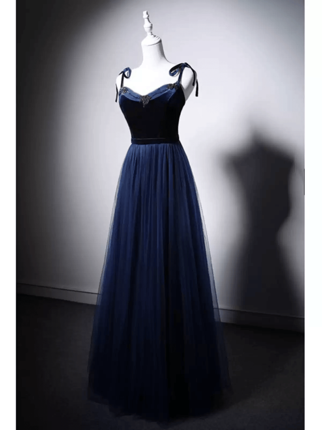 Gothic Navy Blue Velvet Evening Gown with Tulle - Navy Off - Shoulder Dress with Corset Back Plus Size - WonderlandByLilian