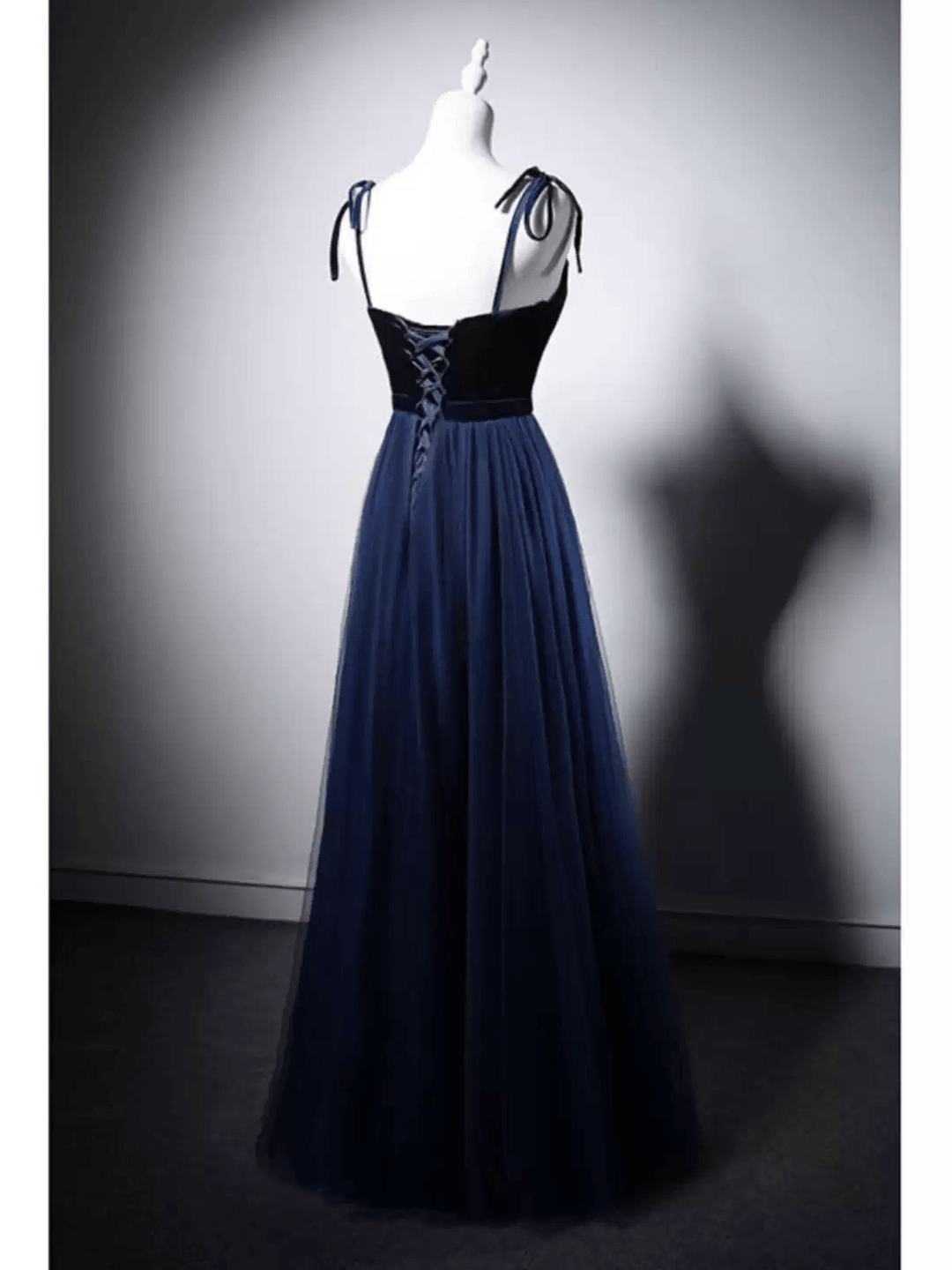 Gothic Navy Blue Velvet Evening Gown with Tulle - Navy Off - Shoulder Dress with Corset Back Plus Size - WonderlandByLilian