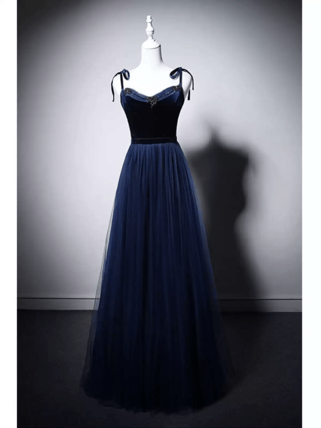 Gothic Navy Blue Velvet Evening Gown with Tulle - Navy Off - Shoulder Dress with Corset Back Plus Size - WonderlandByLilian