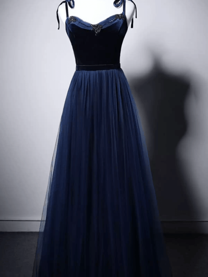 Gothic Navy Blue Velvet Evening Gown with Tulle - Navy Off - Shoulder Dress with Corset Back Plus Size - WonderlandByLilian