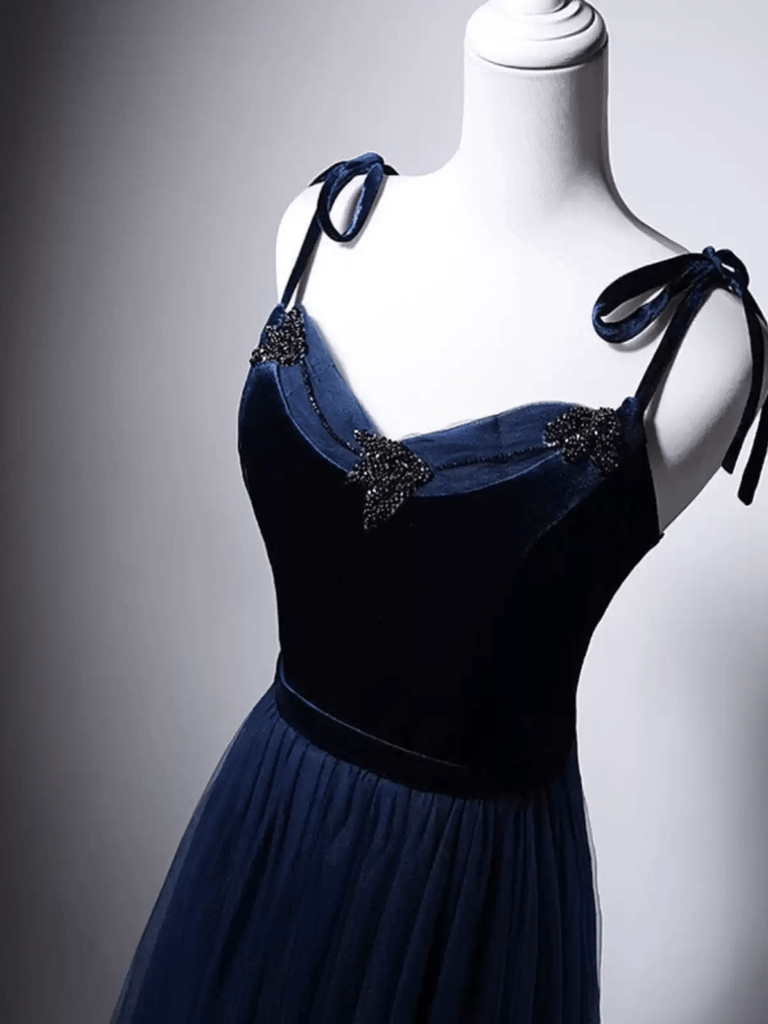 Gothic Navy Blue Velvet Evening Gown with Tulle - Navy Off - Shoulder Dress with Corset Back Plus Size - WonderlandByLilian