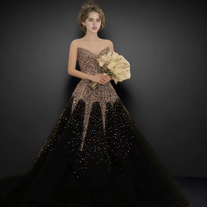 Gothic Off Shoulder Sweetheart Black And Gold Glittered Sequins Ball Gown Plus Size - WonderlandByLilian