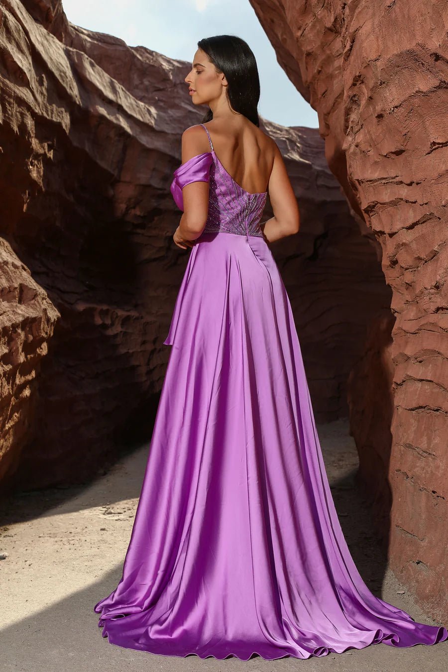 Gothic Purple Satin Evening Gown with High-Low Hem - Designer Sequin Gown and Pretty Sequin Dress Plus Size US 12 / Green Gothic Purple Satin Evening Gown with High-Low Hem - Designer Sequin Gown and Pretty Sequin Dress Plus Size US 12 / Green