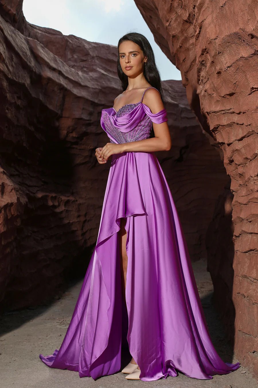 Gothic Purple Satin Evening Gown with High-Low Hem - Designer Sequin G WonderlandByLilian Gothic Purple Satin Evening Gown with High-Low Hem - Designer Sequin G WonderlandByLilian