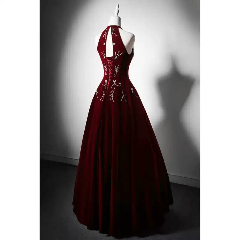 Gothic Red Dress for Evening with Corset Back - Red Velvet Evening Gown with Embellished Halter Neck Plus Size - WonderlandByLilian