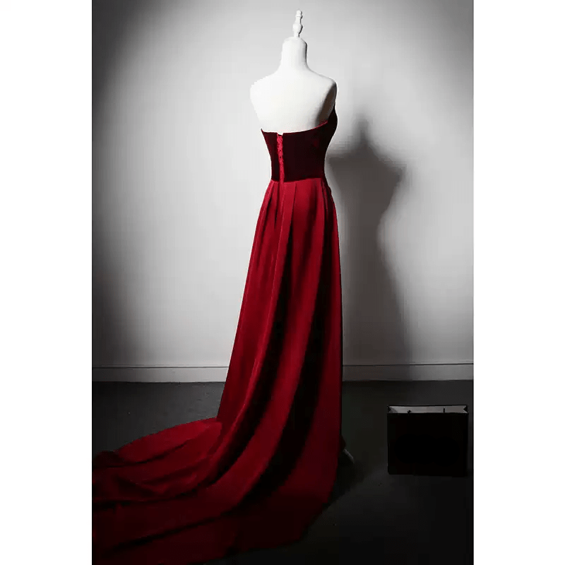 Gothic Red Evening Dress with Corset Back - Red Velvet Evening Gown with Draped Skirt Plus Size - WonderlandByLilian