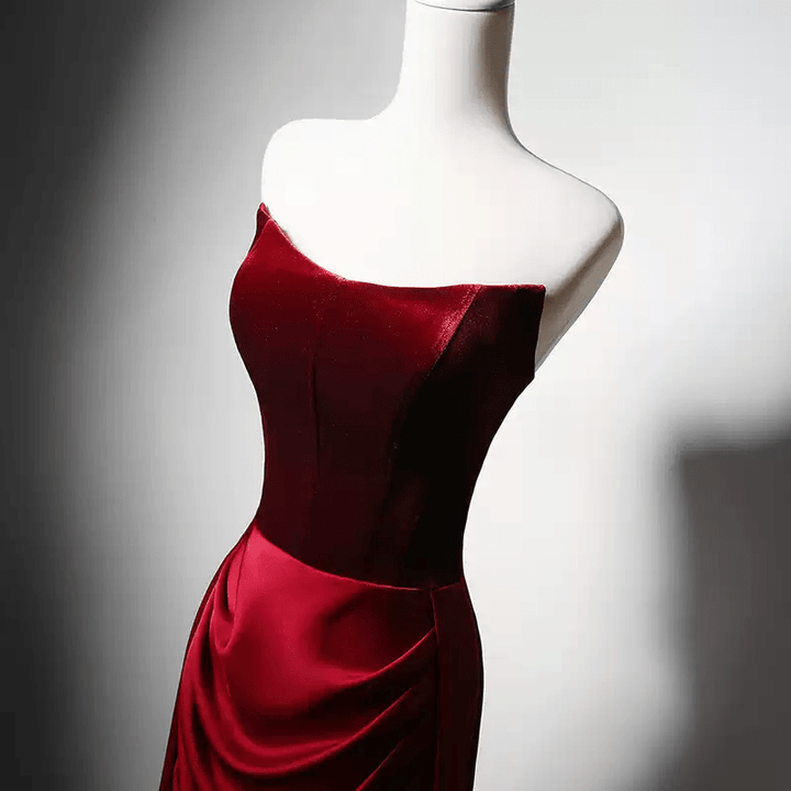 Gothic Red Evening Dress with Corset Back - Red Velvet Evening Gown with Draped Skirt Plus Size - WonderlandByLilian