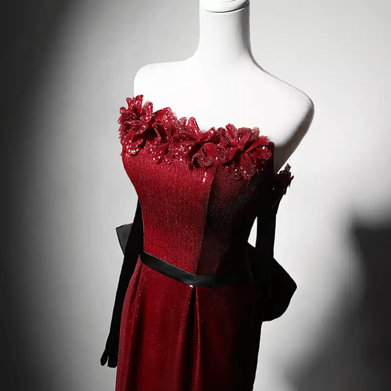 Gothic Red Evening Dress with Floral Accents - Red Sequin Evening Gown WonderlandByLilian Gothic Red Evening Dress with Floral Accents - Red Sequin Evening Gown WonderlandByLilian