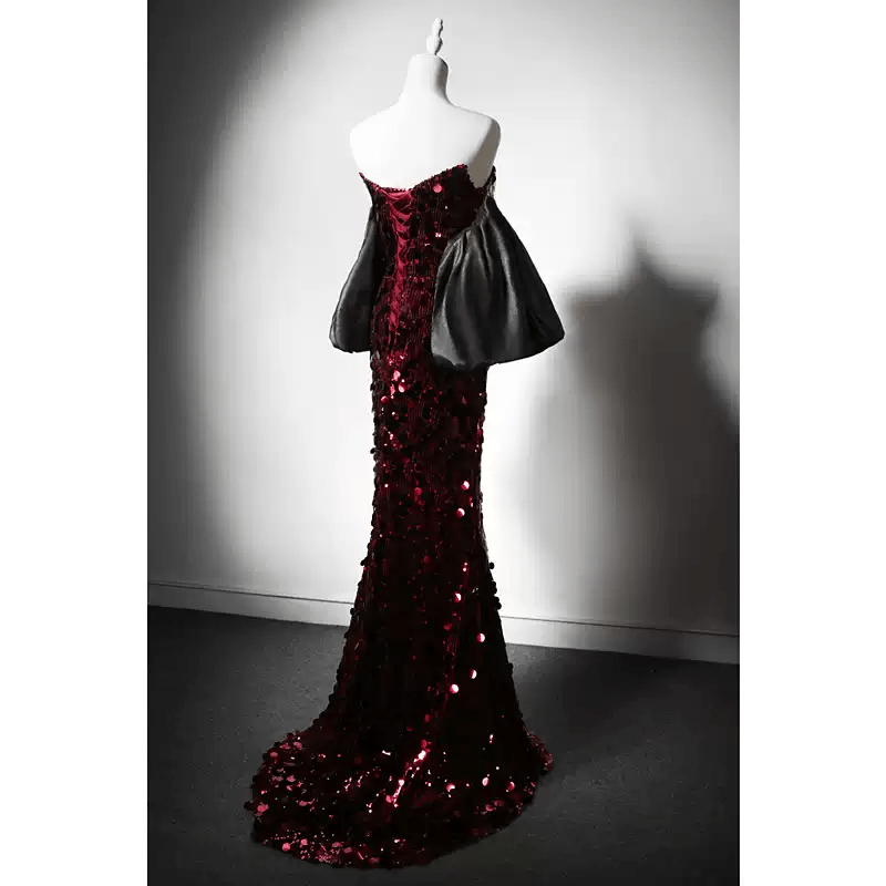 Gothic Red Evening Dress with Sleeves - Red Sequin Ball Gown with Illusion Sleeves and Corset Back Plus Size - WonderlandByLilian