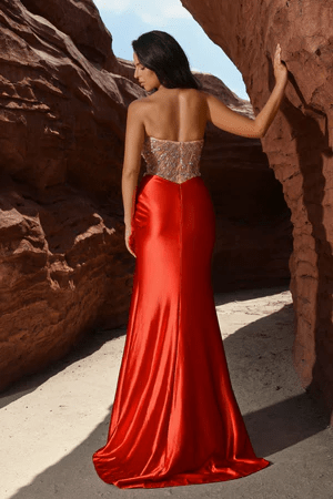 Gothic Red Satin and Sequin Gown with High Slit - Designer Sequin Dress and Strapless Glitter Dress Plus Size - WonderlandByLilian