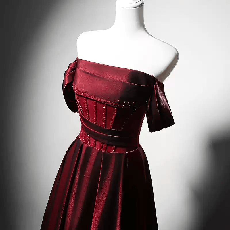 Gothic Red Satin Evening Gown with Corset Back - Off - the - Shoulder Evening Dress Plus Size - WonderlandByLilian