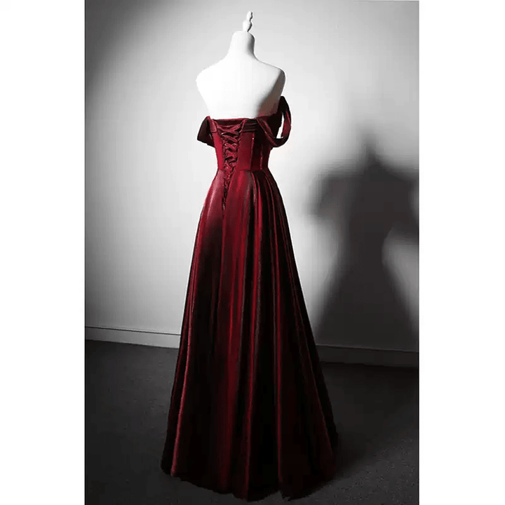 Gothic Red Satin Evening Gown with Corset Back - Off - the - Shoulder Evening Dress Plus Size - WonderlandByLilian