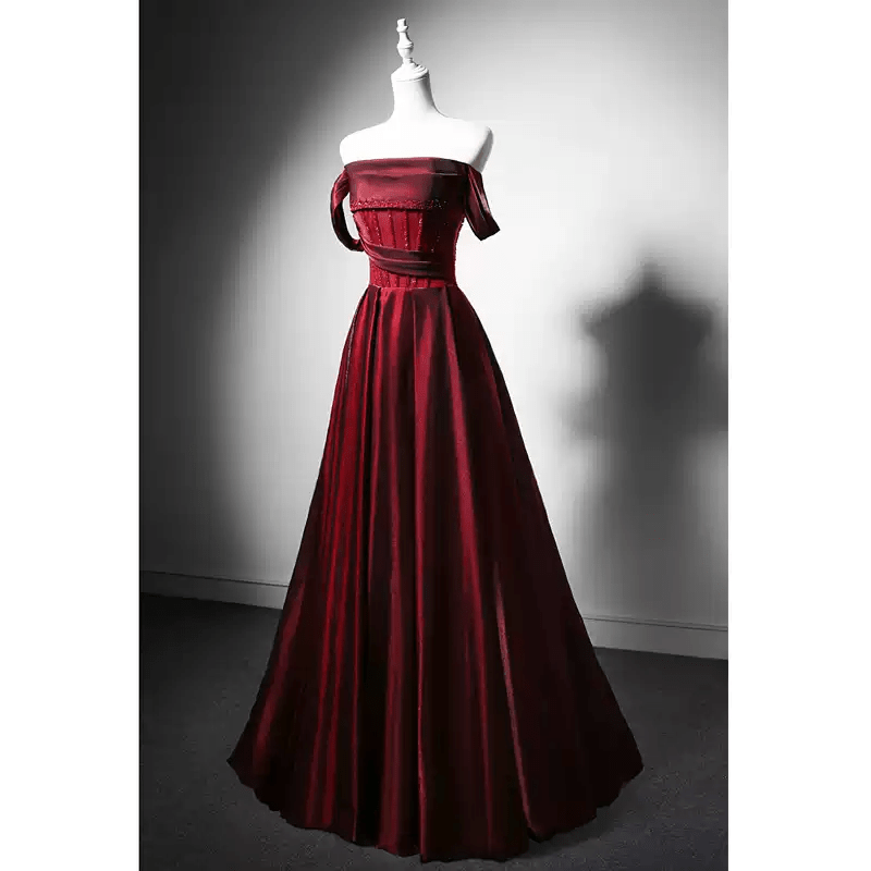 Gothic Red Satin Evening Gown with Corset Back - Off - the - Shoulder Evening Dress Plus Size - WonderlandByLilian