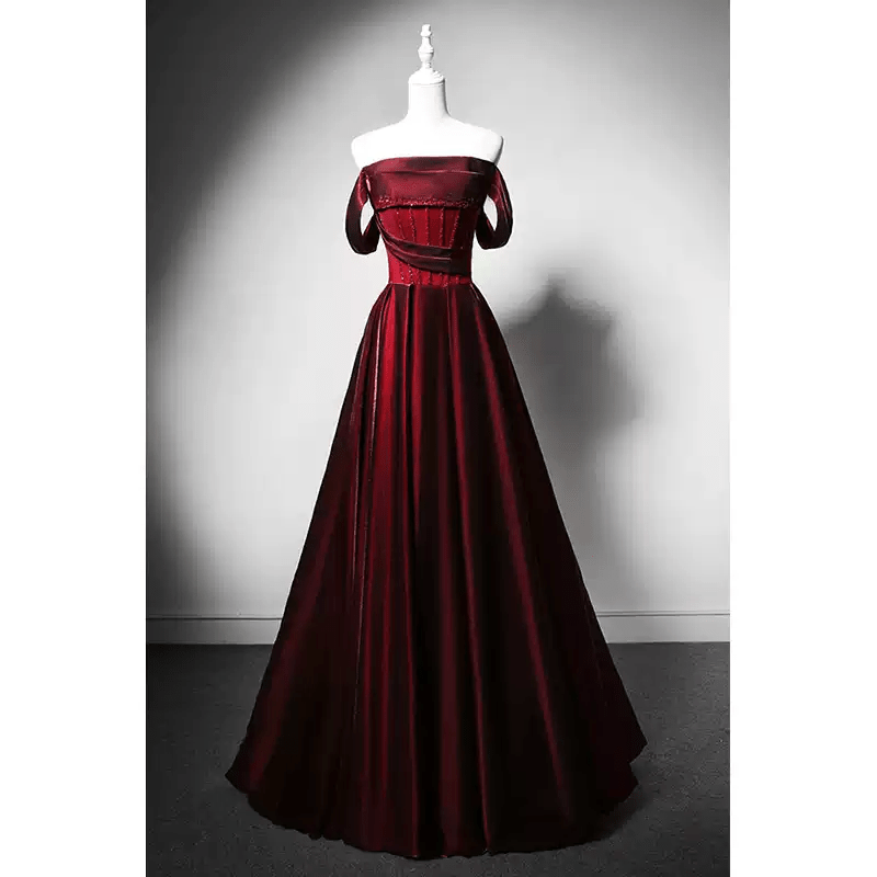 Gothic Red Satin Evening Gown with Corset Back - Off - the - Shoulder Evening Dress Plus Size - WonderlandByLilian