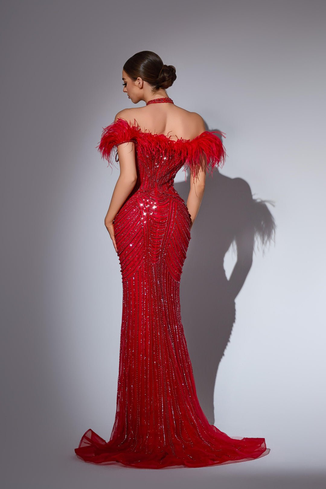Gothic Red Sequin Dress with Feather Shoulders and Pearl Embellished Bodice – Sequin and Feather Dress Plus Size - WonderlandByLilian