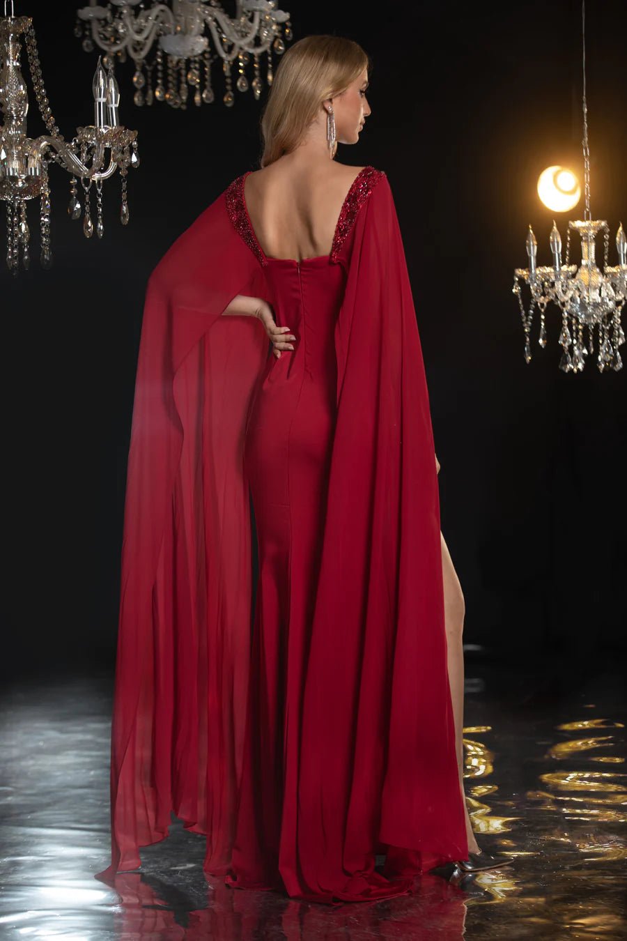Gothic Red Sequin Evening Gown with Cape Sleeves and High Slit - Designer Sequin Dress and Pretty Sequin Dress Plus Size - WonderlandByLilian