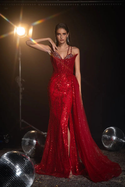 Gothic Red Sequin Evening Gown with Double Strap Detail - Pretty Sequin Dress and Designer Sequin Gown Plus Size - WonderlandByLilian