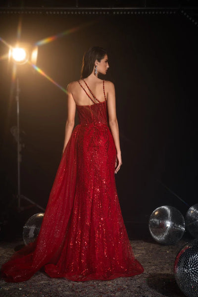 Gothic Red Sequin Evening Gown with Double Strap Detail - Pretty Sequin Dress and Designer Sequin Gown Plus Size - WonderlandByLilian
