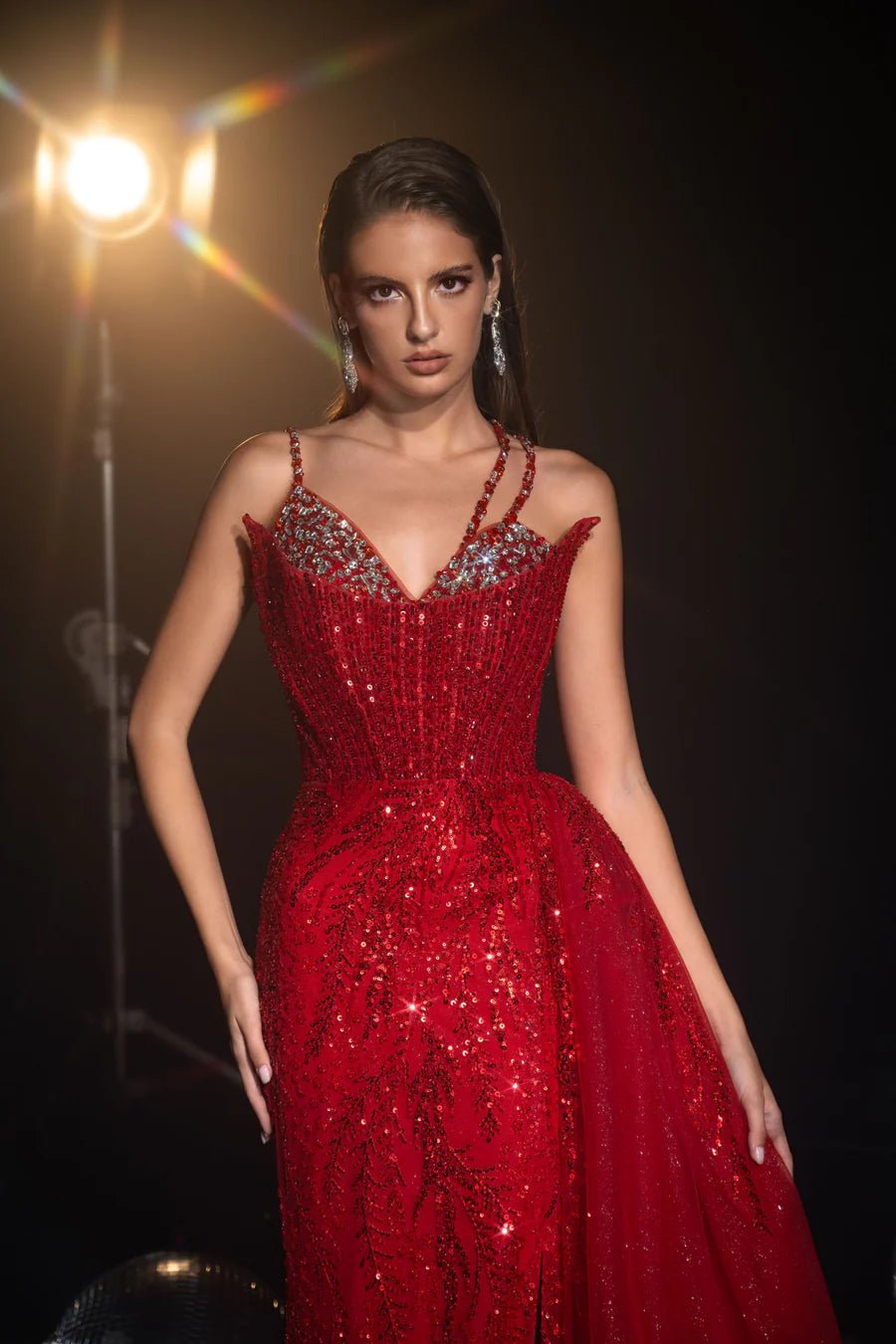 Gothic Red Sequin Evening Gown with Double Strap Detail - Pretty Sequin Dress and Designer Sequin Gown Plus Size - WonderlandByLilian