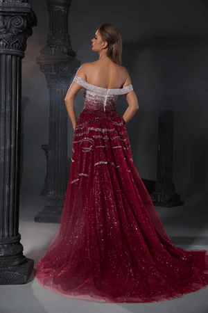 Gothic Red Sequin Evening Gown with Off-Shoulder Design - Designer Sequin Gown and Glitter Dress with Tulle Plus Size - WonderlandByLilian