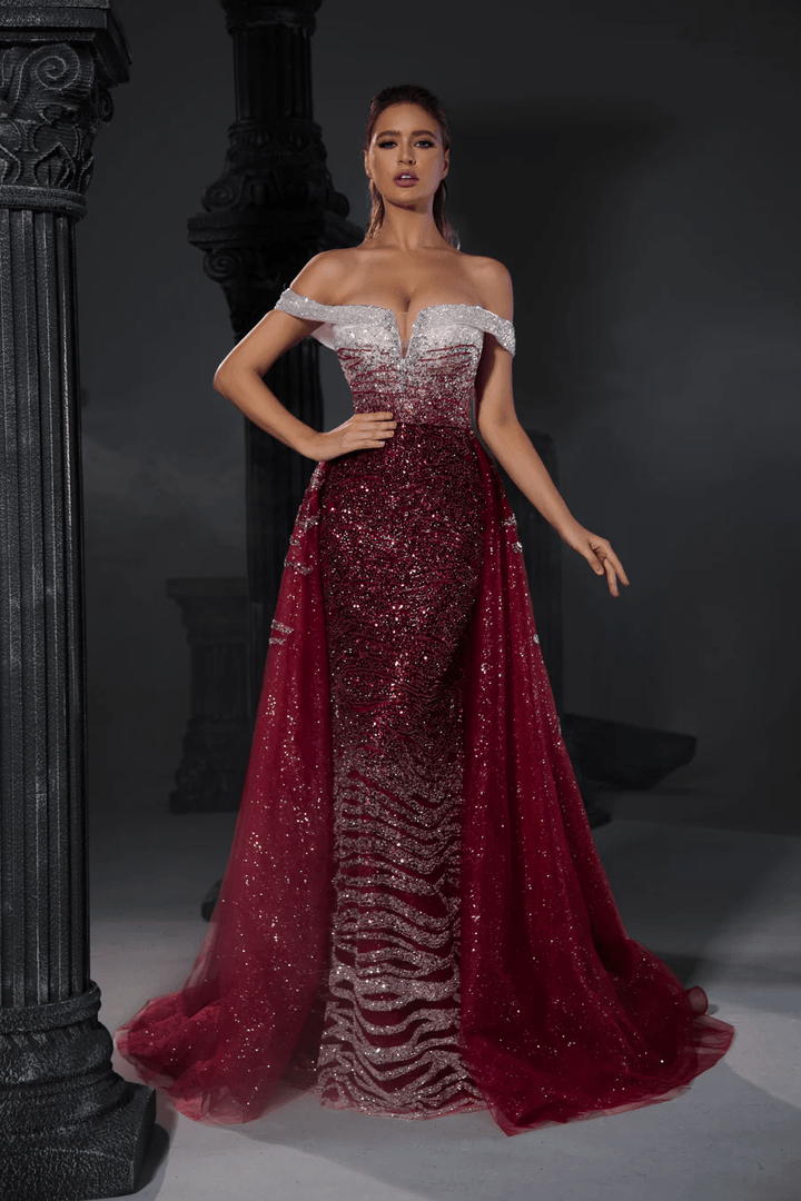 Gothic Red Sequin Evening Gown with Off-Shoulder Design - Designer Sequin Gown and Glitter Dress with Tulle Plus Size - WonderlandByLilian